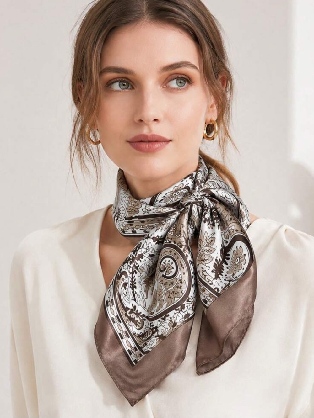 Elegant Paisley Neck Scarf - Taupe & White